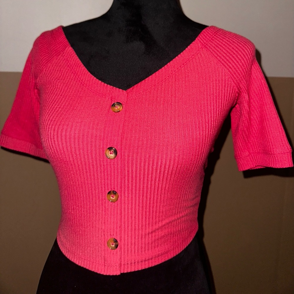 Abercrombie & Fitch Pink Ribbed Short Sleeve Top